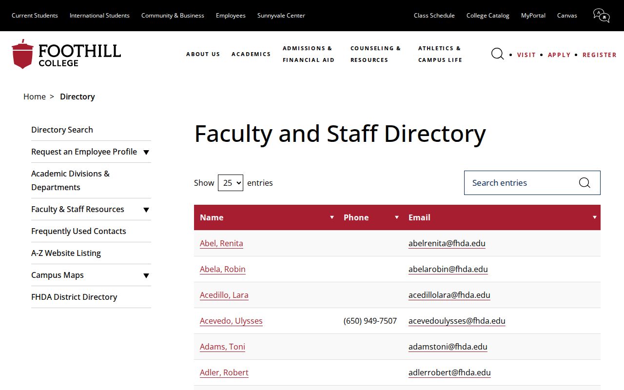 Mountain View people directories source showing Foothill College contacts