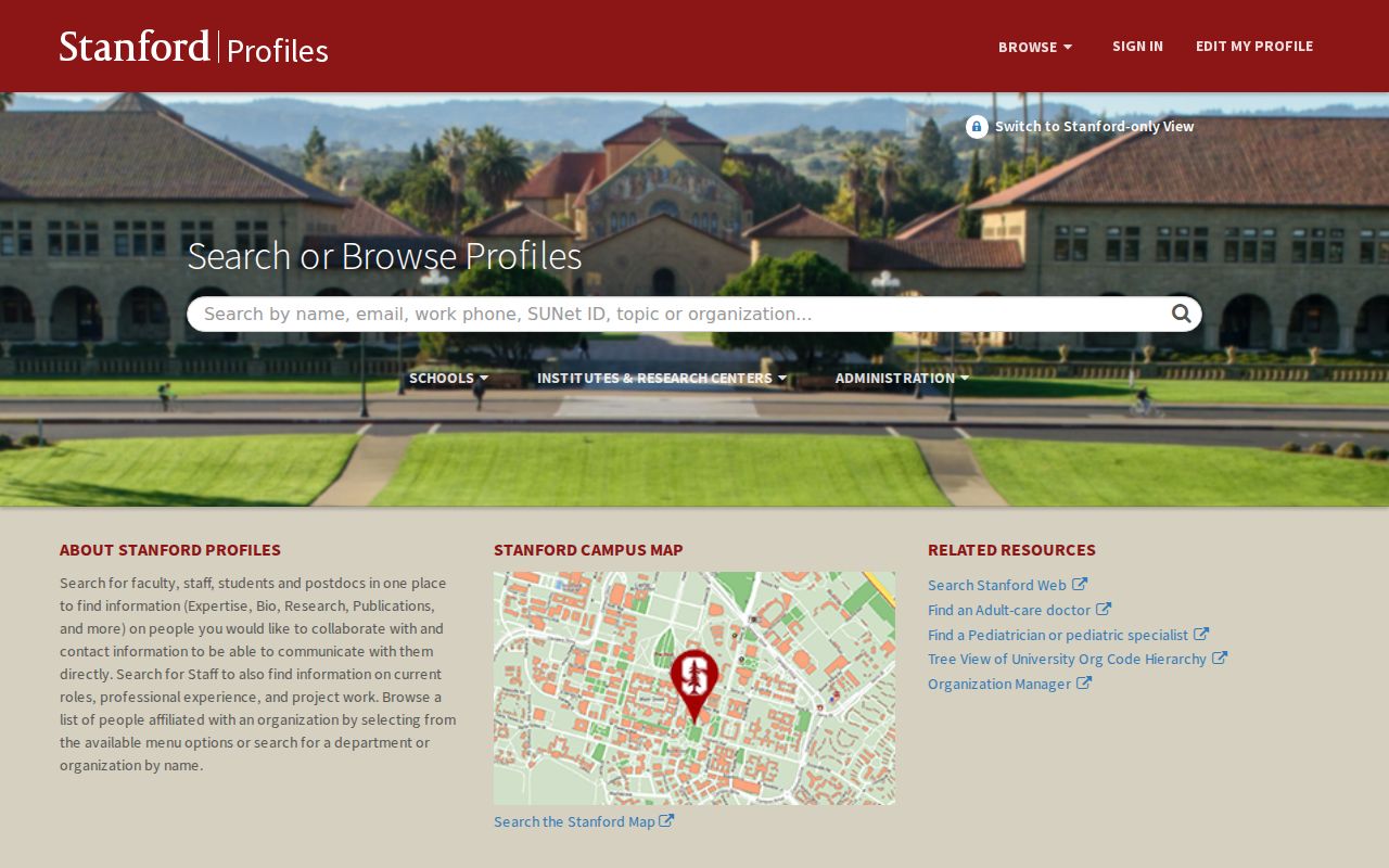 Mountain View people directories source showing Stanford Profiles search