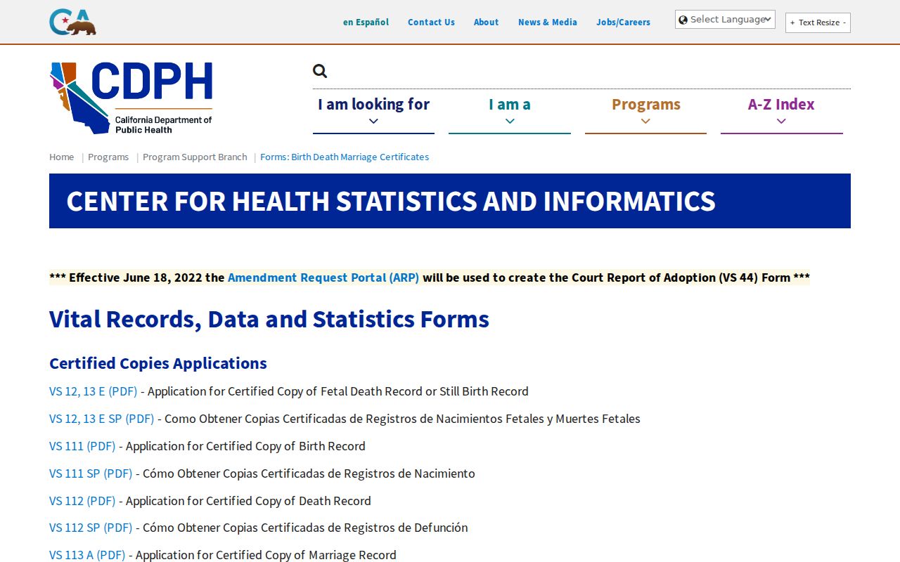 Mountain View public records forms for California vital certificates