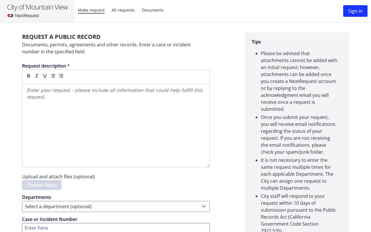 Mountain View public records request form in NextRequest