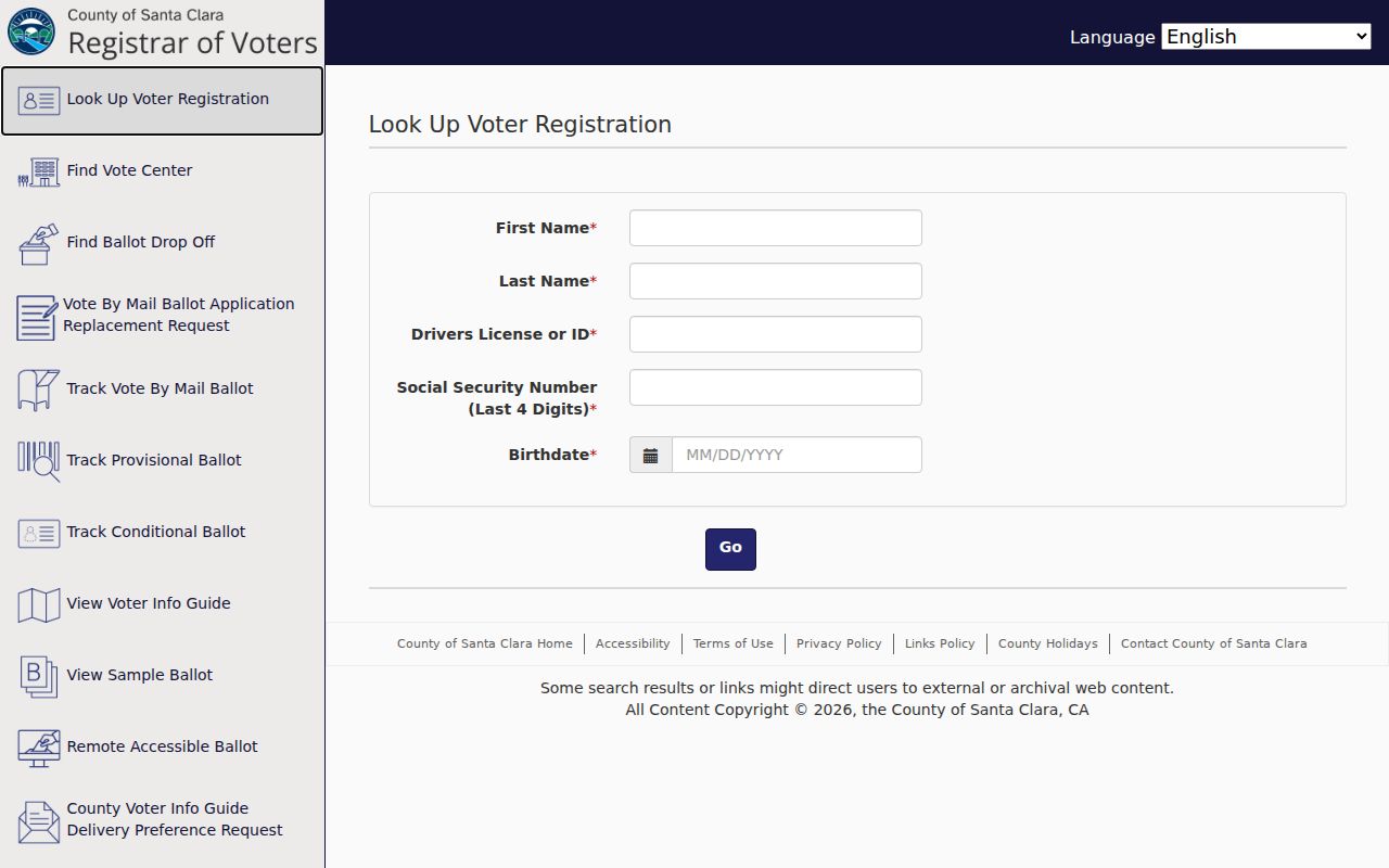 Santa Clara County form for Mountain View voter registration lookup